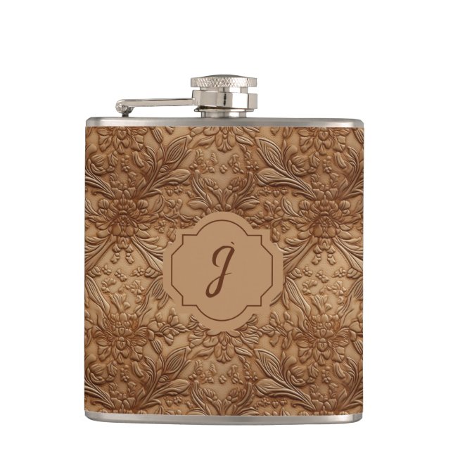Tan Faux Tooled Leather Vinyl  Hip Flask (Front)