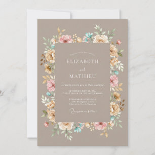 Tan Floral Arrangement Romance Wedding Invitation