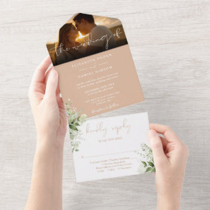 Tan Floral Greenery Script Wedding Photo All In One Invitation