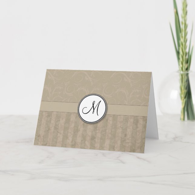 Tan Floral Wisps & Stripes with Monogram Note Card (Front)
