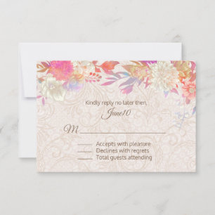 Tan Flourish Damask Colourful Floral Wedding RSVP Card