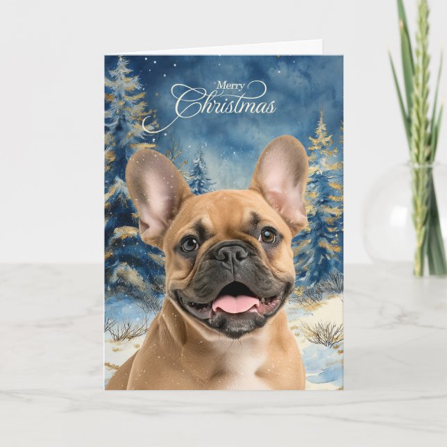 Tan French Bulldog Pine Winter Forest Christmas Holiday Card (Front)