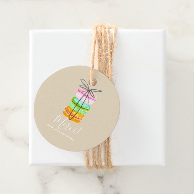 Tan french macaron birthday party favour tag (In Situ)