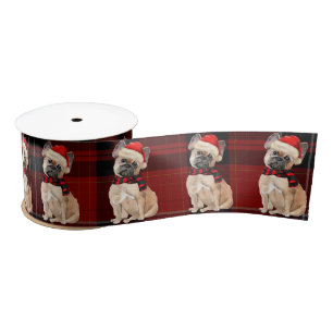 Tan Frenchie Dog and Red Plaid Christmas Satin Ribbon