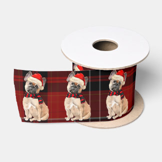 Tan Frenchie Dog and Red Plaid Christmas Satin Ribbon