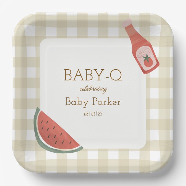 Tan Gingham Baby-Q Square Plate (Front)