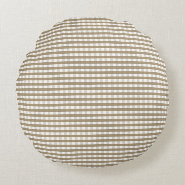 Tan Gingham Pattern Round Pillow (Front)