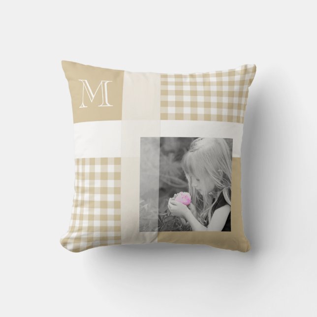 Tan Gingham Photo Monogram Throw Pillow (Front)