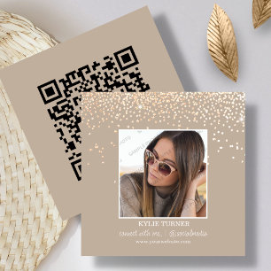 Tan Glitter   Photo   Social Media   QR Code   Square Business Card