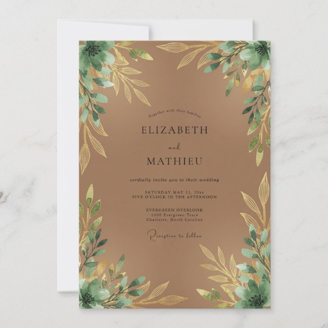 Tan Gold Leafy Wedding Invitation (Front)