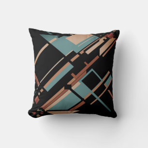 Tan Gray-Green Rust on Black Diagonal Abstract Throw Pillow