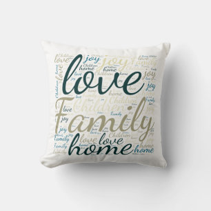 Tan Green Blue Love Family Home Word Cloud Throw Pillow
