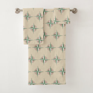 Tan Green Compass Print Camp Hiking Outdoor Nature Bath Towel Set