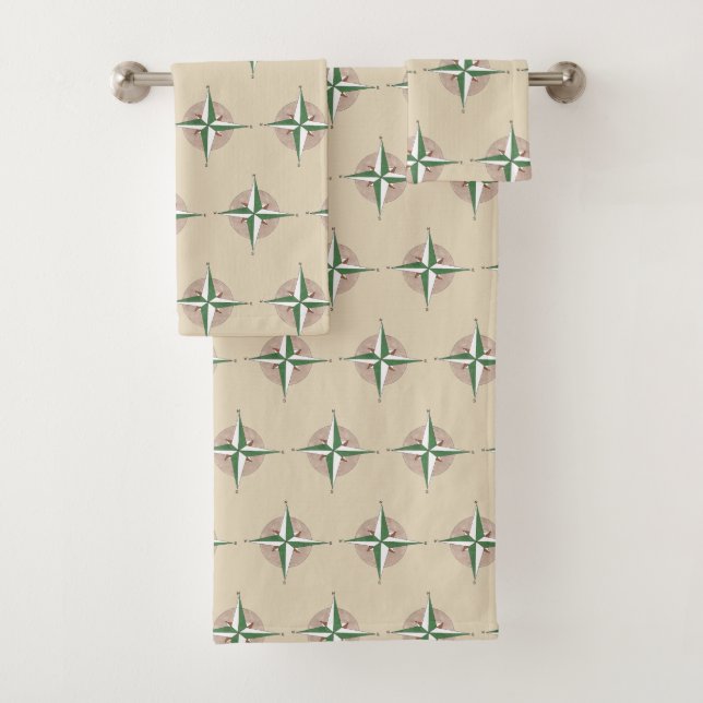 Tan Green Compass Print Camp Hiking Outdoor Nature Bath Towel Set (Insitu)