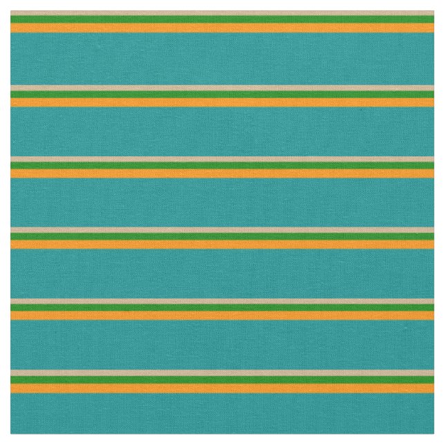 Tan, Green, Dark Orange, and Dark Cyan Lines Fabric (Close Up)