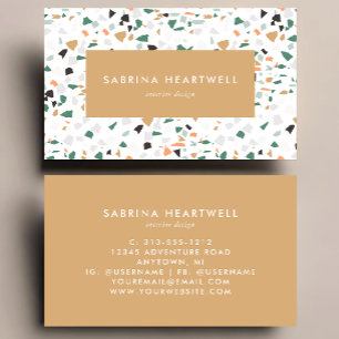 Tan Green Grey Terrazzo Pattern Interior Design Business Card