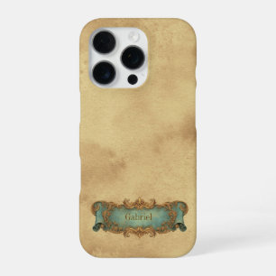 Tan + Green Ornate Scroll Vintage Style iPhone 16 Pro Case