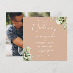 Tan Greenery Floral Photo Square Wedding Invitation