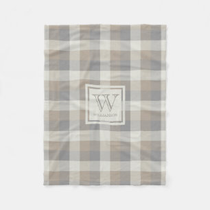 Tan Grey and Ivory Neutral Rustic Plaid Monogram Fleece Blanket