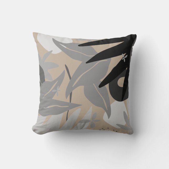 Tan Grey & Black Artistic Abstract Botanical Throw Pillow (Front)