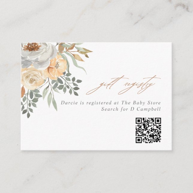Tan & Grey Floral QR Code Gift Registry Enclosure Card (Front)