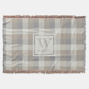 Tan Grey Ivory Neutral Rustic Plaid Monogram Throw Blanket