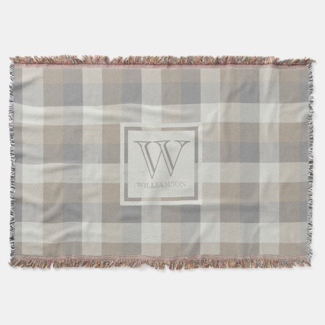 Tan Grey Ivory Neutral Rustic Plaid Monogram Throw Blanket (Front)