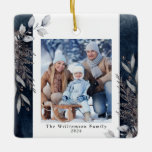 Tan & Grey Winter Foliage Photo Christmas Blue Ceramic Ornament<br><div class="desc">This photo Christmas ornament features muted tan and grey watercolor winter foliage on a dark blue background. Personalize this elegant Christmas ornament with your family photo.</div>