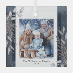 Tan & Grey Winter Foliage Photo Christmas Blue Glass Ornament