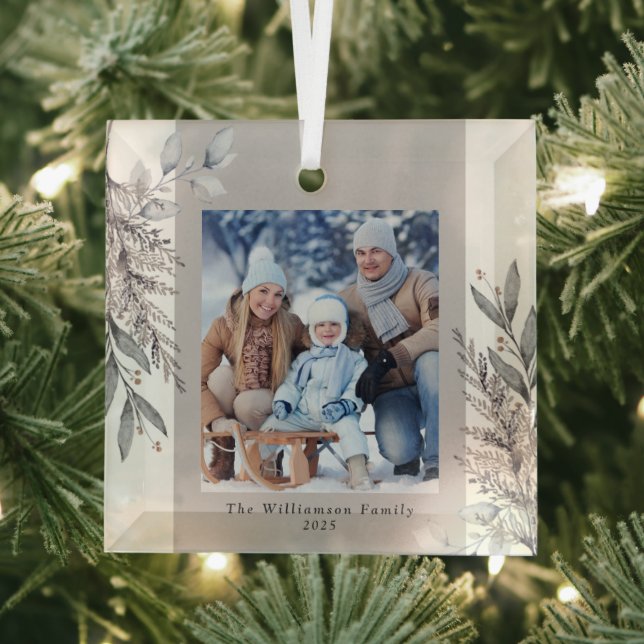 Tan & Grey Winter Foliage Photo Christmas Ceramic  Glass Ornament (Insitu)
