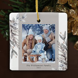 Tan & Grey Winter Foliage Photo Christmas Ceramic Ornament<br><div class="desc">This photo Christmas ornament features muted tan and grey watercolor winter foliage. Personalize this elegant Christmas ornament with your family photo.</div>