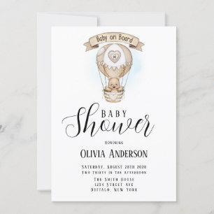 Tan Hot Air Balloon Teddy Bear Baby Shower Invitation