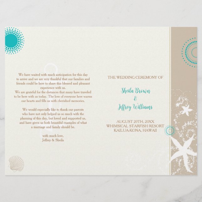 Tan Ivory Aqua Beach Wedding BiFold Programme (Devant)