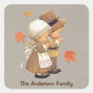 Tan Kraft Pilgrims Personalized Thanksgiving  Square Sticker