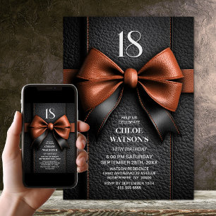 Tan Leather Bow 18th Birthday Party Invitation