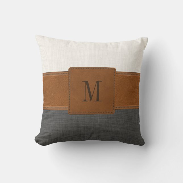 Tan Leather Grey White Linen Farmhouse Monogram Throw Pillow (Front)