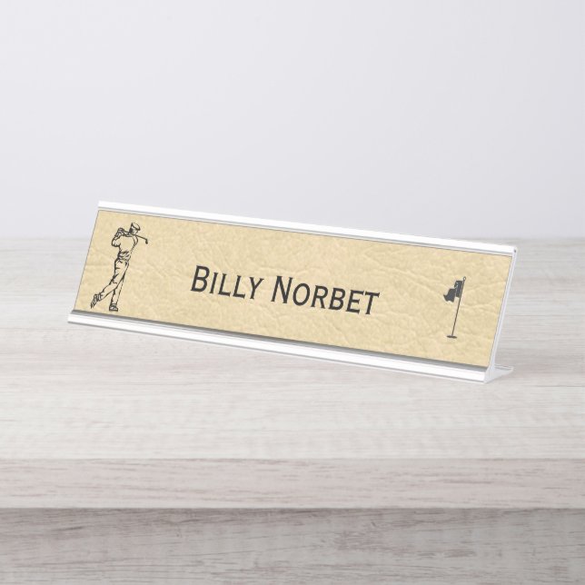 Tan Leather Look Golf Design Desk Name Plate (Front)