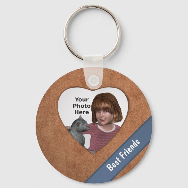 Tan Leather Look Heart Frame: Add a Photo and Text Keychain (Front)