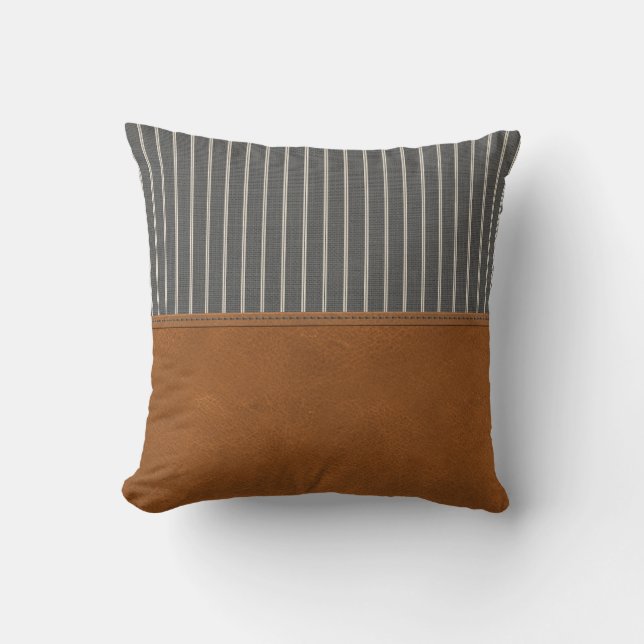 Tan Leather Striped Grey Linen Minimal Farmhouse Throw Pillow (Front)