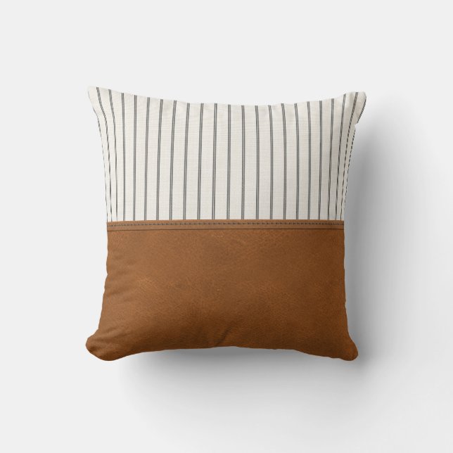 Tan Leather Striped White Linen Minimal Farmhouse Throw Pillow (Front)