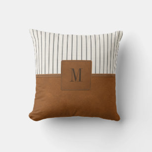 Tan Leather Striped White Linen Monogram Farmhouse Throw Pillow