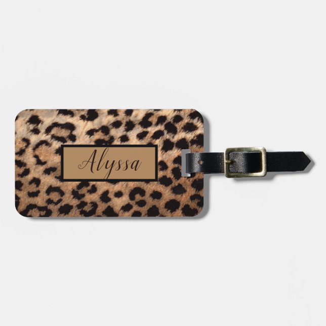 Tan Leopard Cheetah Animal Print Personalized Luggage Tag (Front Horizontal)