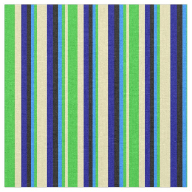 Tan, Lime Green, Blue, Black & Dark Blue Lines Fabric (Close Up)