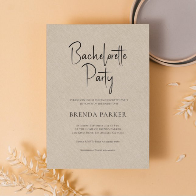Tan Linen Simple Black Script Bachelorette Party Invitation (Creator Uploaded)
