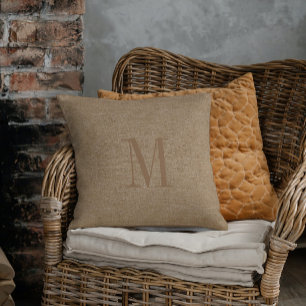 Tan Linen Texture Monogram Throw Pillow