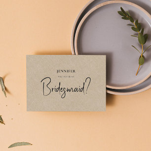 Tan Linen White Script Will You Be My Bridesmaid Invitation