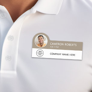 Tan Modern Business Logo Photo Employee Name Tag