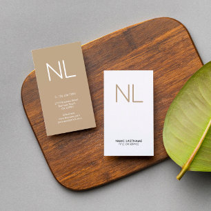 Tan Monogram Minimalistic Modern White Vertical Business Card