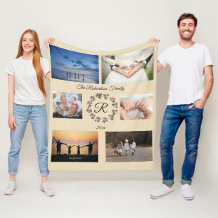 Tan Monogrammed Personalized 6 photo Fleece Blanket
