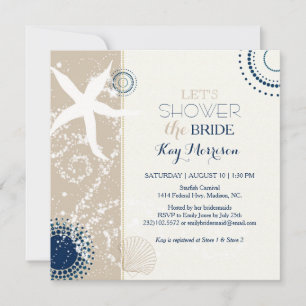 Tan Navy Blue Ivory Beach Bridal Shower Invitation